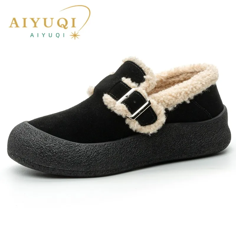 AIYUQI Women Sneakers Winter Velvet Genuine Leather Beanie Shoes Women Flat Large Size Women Casual Shoes