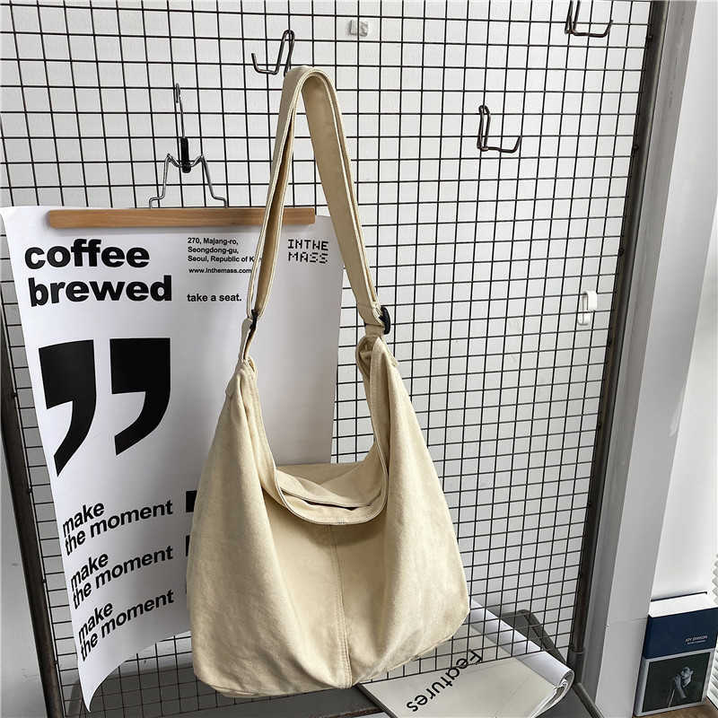 Crossbody bag, female college student class bag, ins lazy style versatile, large capacity solid color canvas bag, shoulder bag 241202