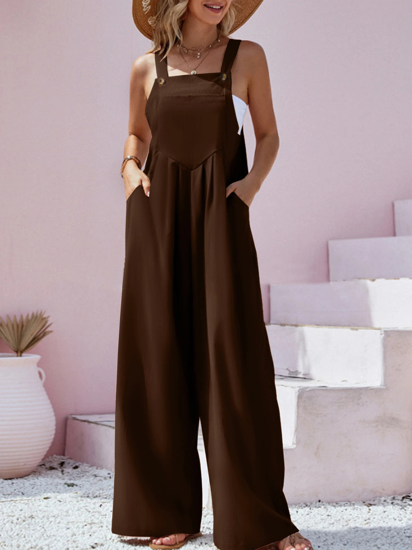 2023 SpringSummer Ethnic Style Fashion Solid Color Wide Leg Jumpsuit Quick Sale Tongfa European and American Womens Cross 241120