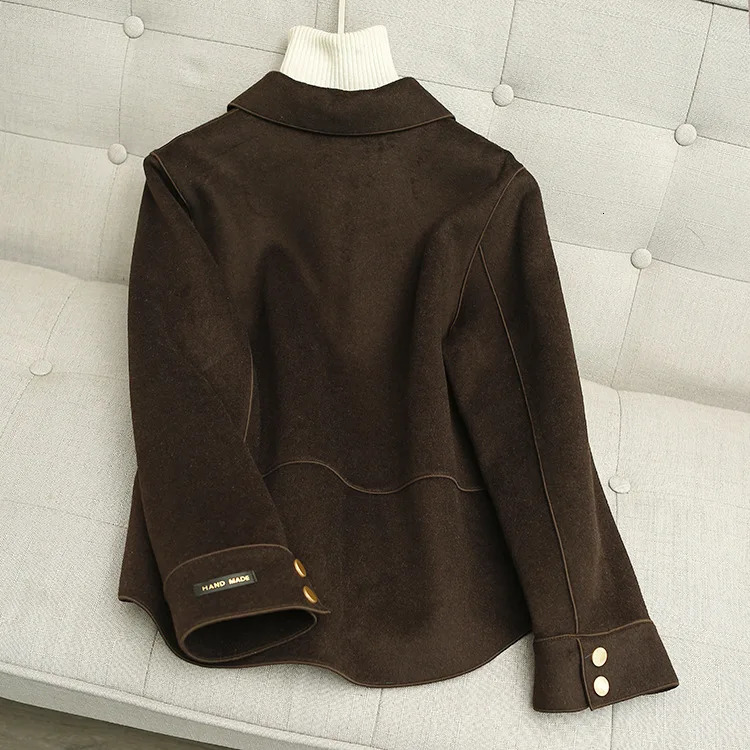 100 Wool Doublesided Tweed Coat Womens Short Women Autumn and Winter Vintage Brown 241121