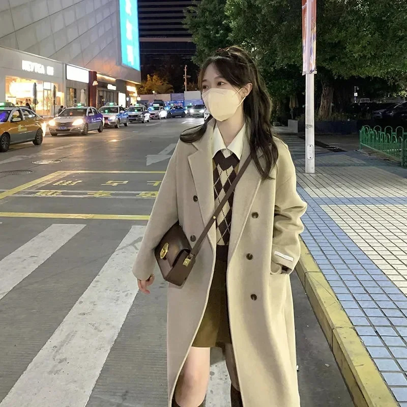 Autumn Winter Style Beige Woolen Coat Womens Hepburn Thickened Korean Series Small Size Essential 241121