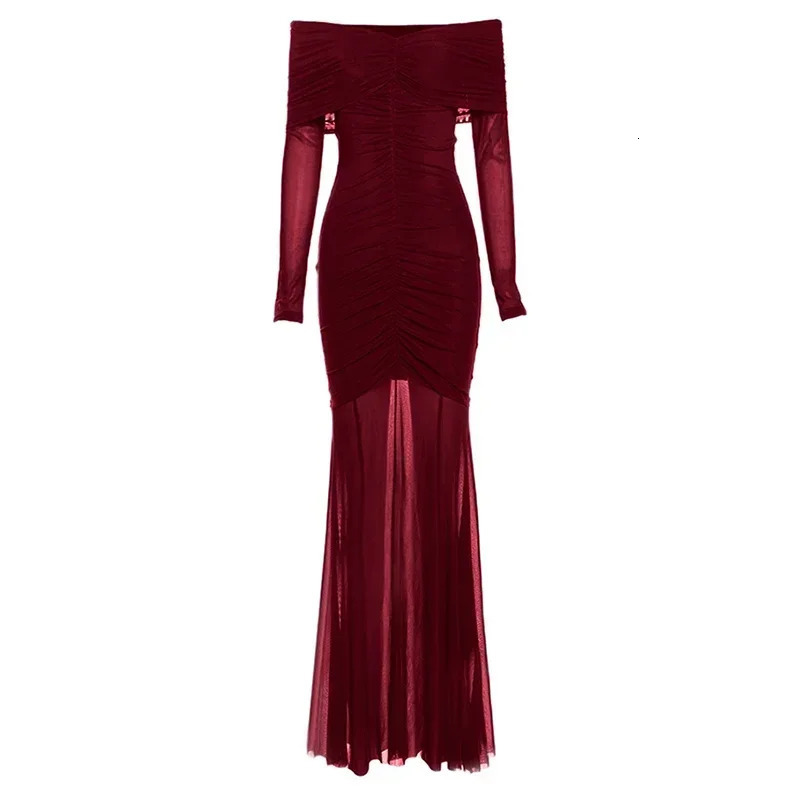 Sexy V-neck Ruched Evening Dress Women Red Retro Long Sleeve Sheer Mesh Fishtail Maxi Long One-piece Formal Party Gown 241202