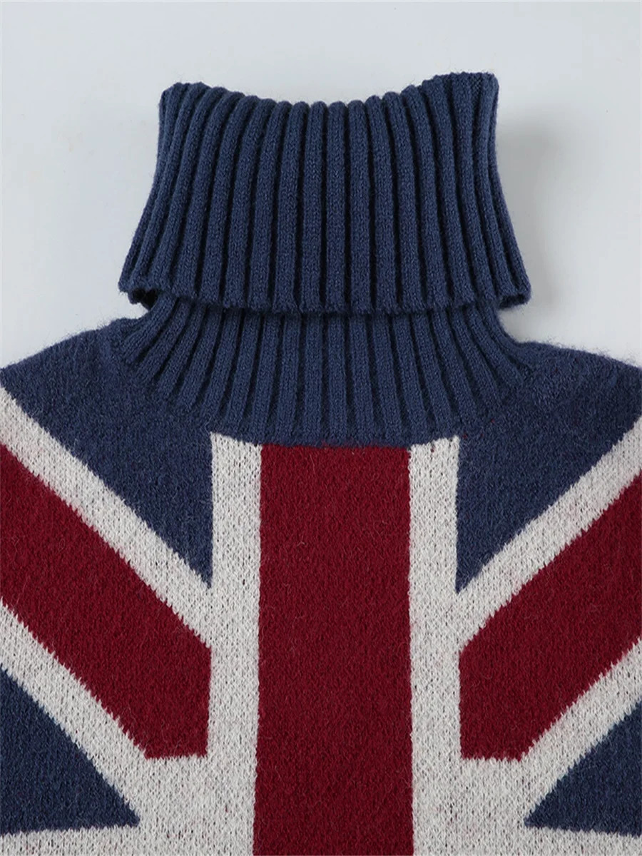 Womens British Flag Print Sweaters Knitted Long Sleeve Mock Neck Loose Fit Pullover Tops Fall Winter Warm Fashion Knitwear Y2K 241202