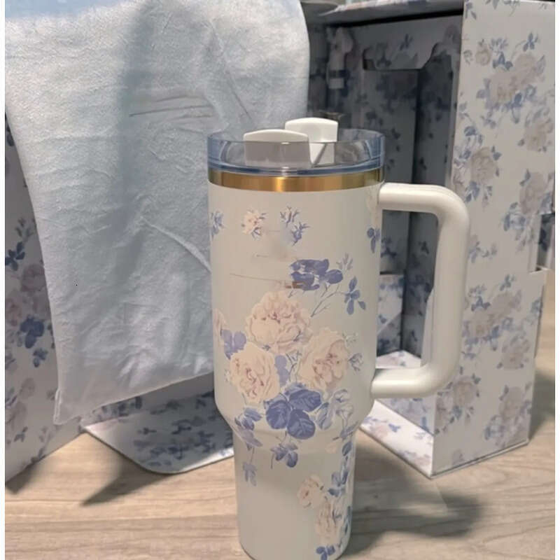 US STOCK Rosa Beaux Water Bottles Pink Rose Blue Magnolia Mug Holiday Stainless Steel Tumblers With Silicone Handle Lid And Straw Cups Mugs Target Gg1