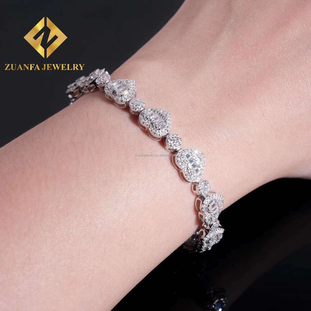 Fine Jewelry Woman Trendy Sier Rhodium Plated Iced Out Heart Shape Moissanite Tennis Bracelet