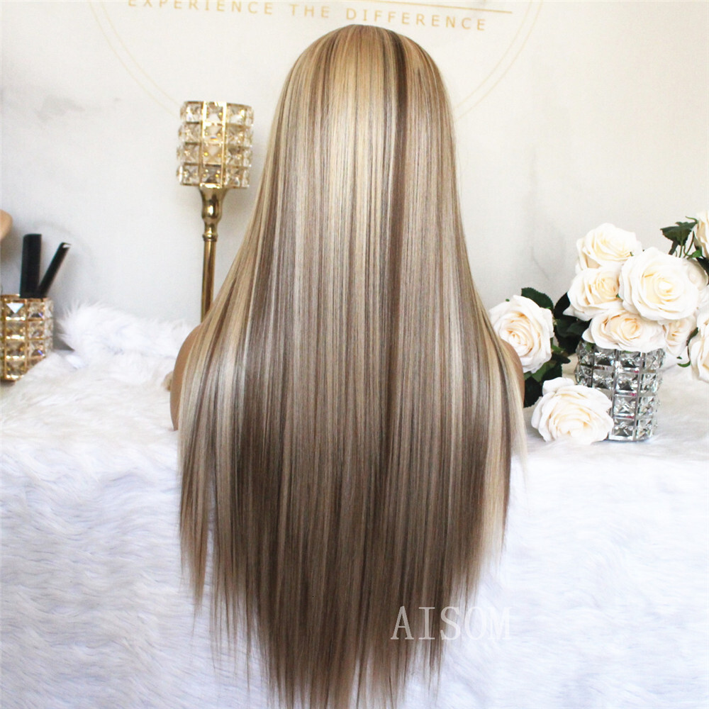 Brown 13X4 Front Long Straight Synthetic Wigs For Women Middle Part Highlight Blonde Balayage Lace Wig
