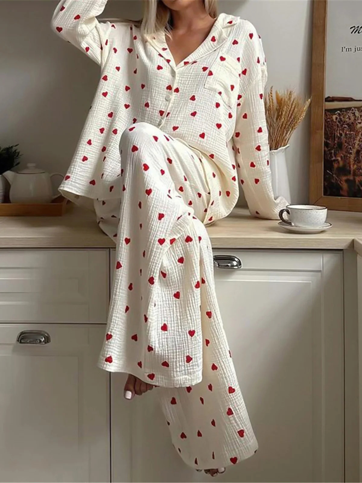 Love Print Womens Cotton Pajama Single Chest Pocket Womens Pajama Collar Long Sleeve Womens Clothing D323 241130