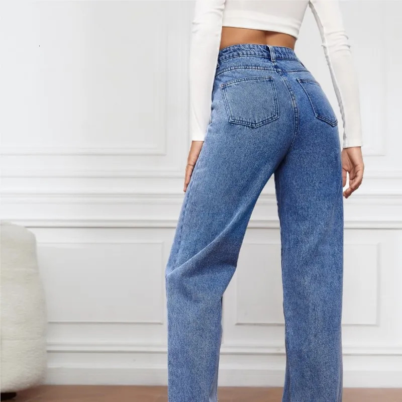 Straight High Waist Jean 2024 Leg Pockets Basics Ankle Length Pants Y2k Denim Trousers Vintage Blue Washed Jeans 241121