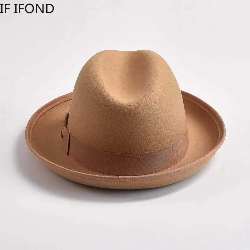British Style Wool Felt Fedora Hats for Men Roll Up Brim Homburg Gentleman Church Jazz Hat Party Dress Cap 241202