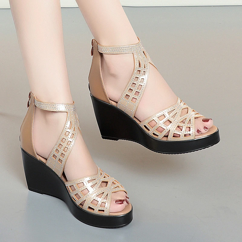 AIYUQI Women's Sandals Wedge Fashion Roman Sandals Women High Heel Rhinestone Fishmouth Women's Summer Sandals