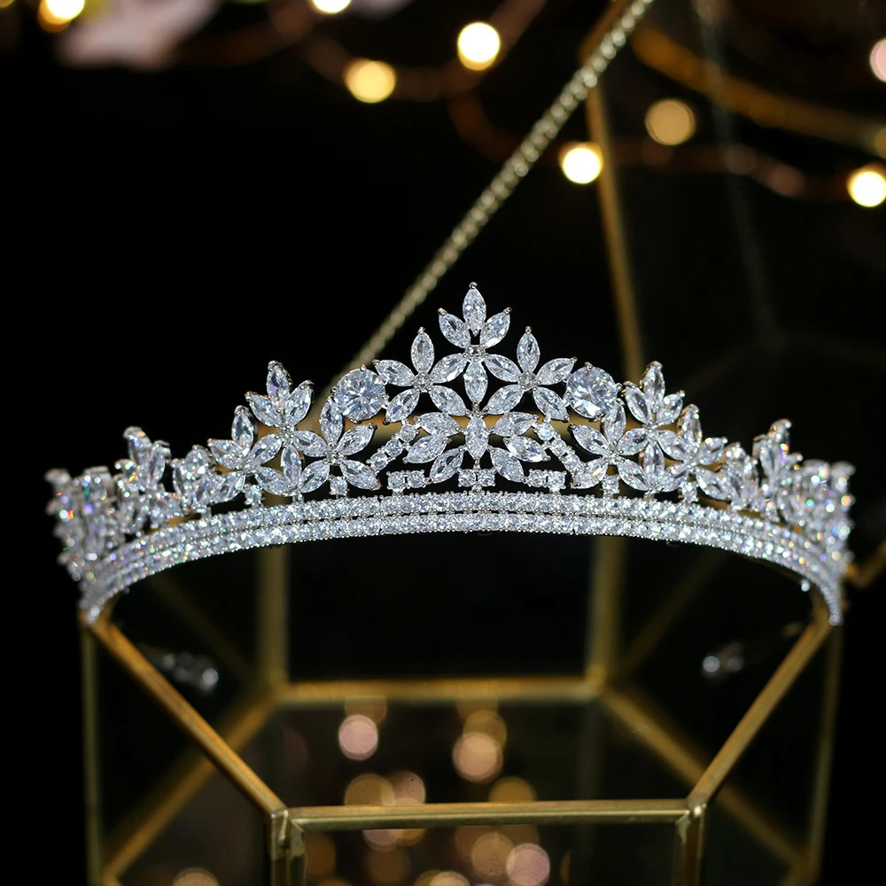 Cubic Zirconia Silver Color and Gold Bridal Crown CZ Diadem Princess Tiaras Birthday Party Headpiece Wedding Hair Accessories 241202