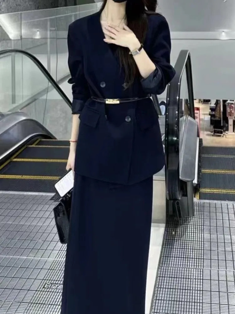 Korean Fashion Elegant Womens Jacket Casual Business Formal Set Midi Saya 2-piece Womens Set 241130