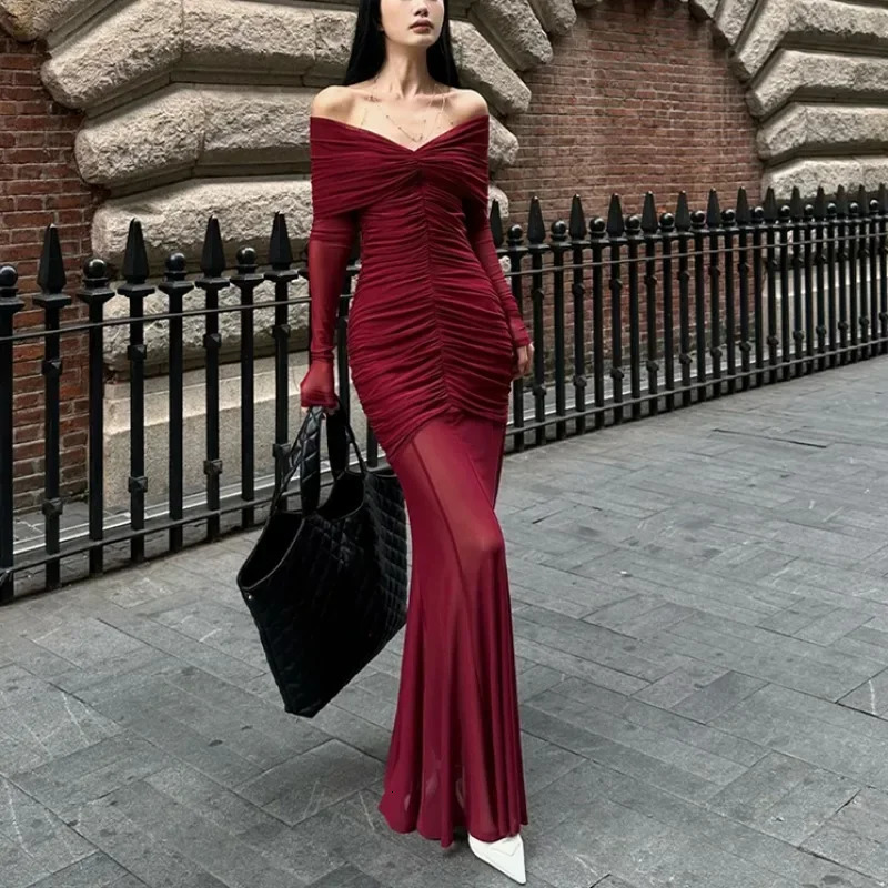 Sexy V-neck Ruched Evening Dress Women Red Retro Long Sleeve Sheer Mesh Fishtail Maxi Long One-piece Formal Party Gown 241202
