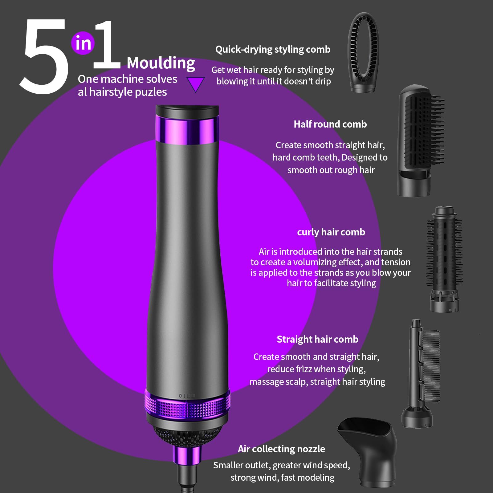 5 In 1 Negative Ionic Electric Brushes,Removable Dryer For Fast Drying,Low Noise Hair Curler/Straighteners Tools Salon