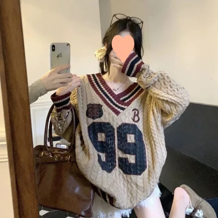 Womens Preparatory Letter Printed Sweater 2024 Autumn Loose Knitted Top Casual Weight Loss Aesthetics Attracting American Style Trends 241202