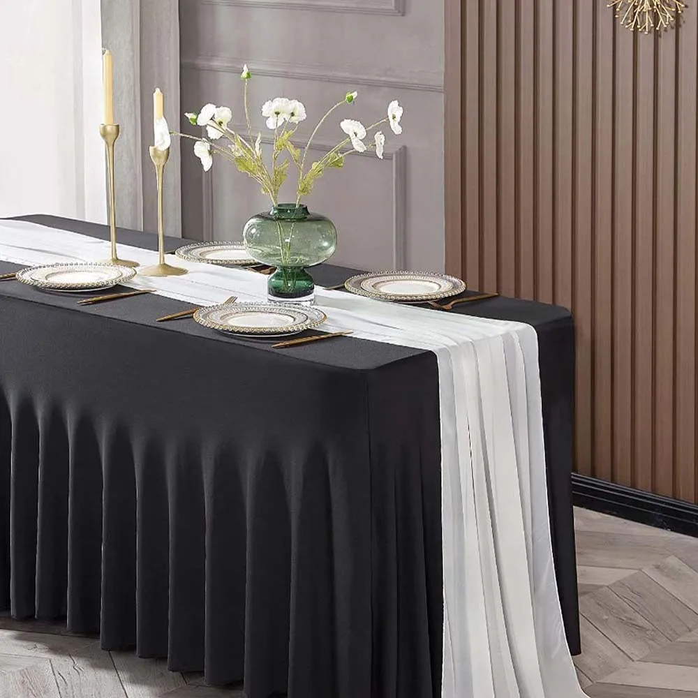 Rectangle/Round Stretch Skirt Hotel Outdoor Birthday Banquet Party Table Cover Black White Spandex Elastic Tablecloth 33