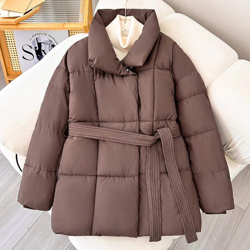 2024 With a Belt Jacket Women Winter Woman Parkas Solid Thicken Warm Female Snow Wear Coat Cotton Padded Outwear Clothes 241120