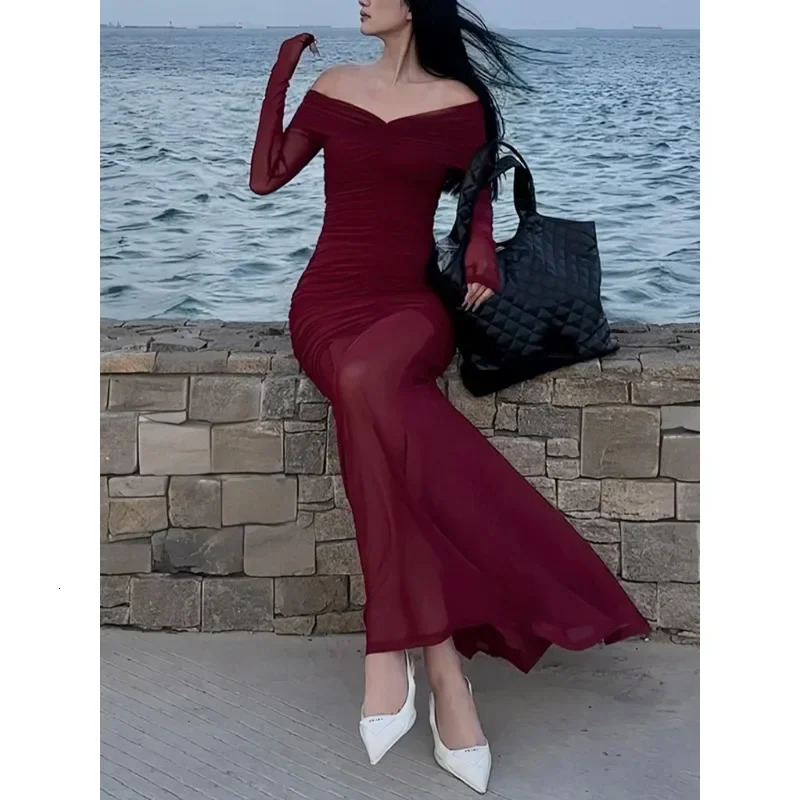Sexy V-neck Ruched Evening Dress Women Red Retro Long Sleeve Sheer Mesh Fishtail Maxi Long One-piece Formal Party Gown 241202