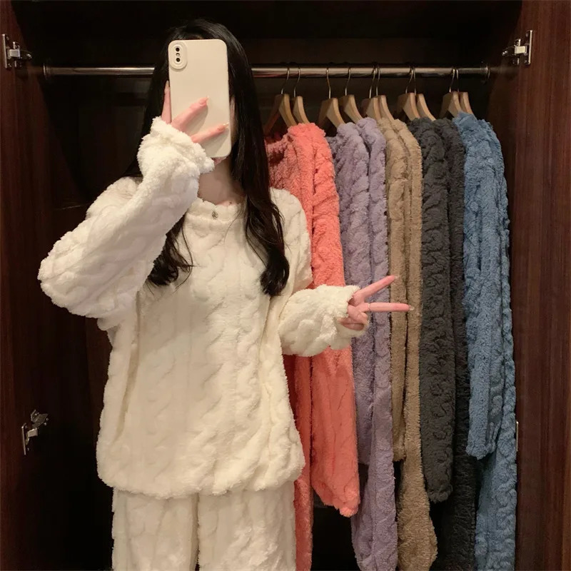 Winter Thick Warm Pajamas Womens Flannel Set Student Pajamas Family Tops and Pants Striped Pajamas Casual Clothes 241130