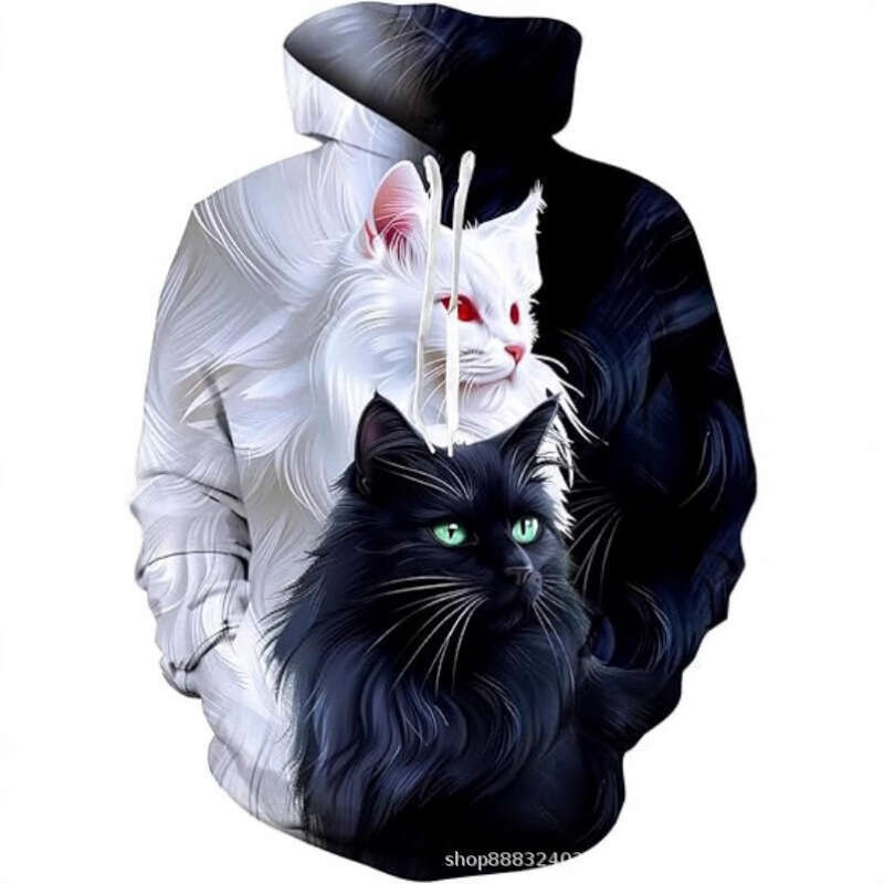 Hot selg new black white pattern 3D digital printing cat series men's and women's pullover hoodie