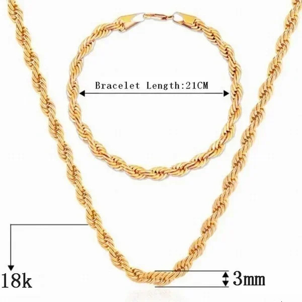3mm Plated Gold alloy Necklace Fried Dough Twist Chain necklace Hip-hop Twisted Rope Cuban Lovers Party High-end Jewelry Gifts