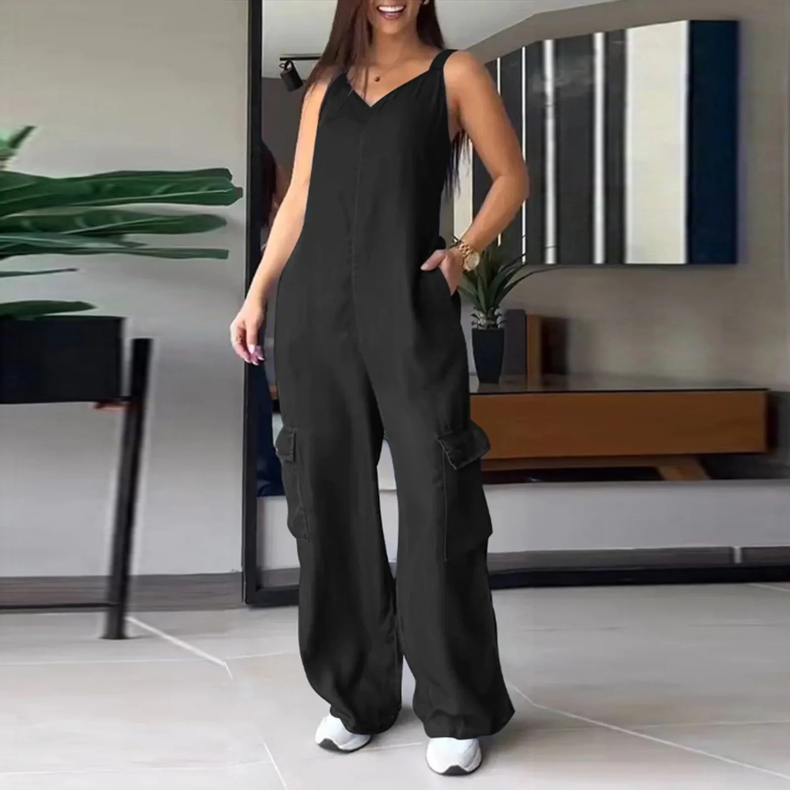 Women Casual Wide Leg Jumpsuits Loose Fit Sleeveless Jumpsuit With Pockets Fashion Sports Activity Streetwear Overalls 241120