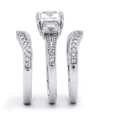 Three Stone White Topaz Princess Cut Wedding Ring Set 10K Gold Filled for Women (Size 5-11) dh910320090