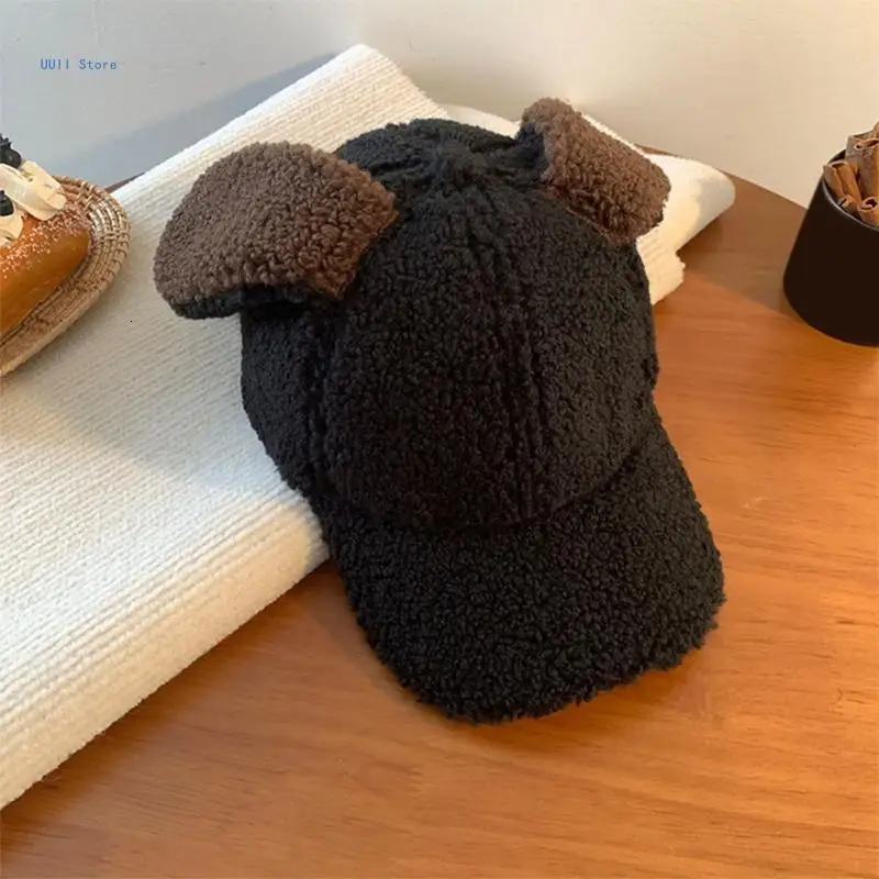 Korean baseball cap with rabbit ears thick cap winter windproof bucket cap 241202