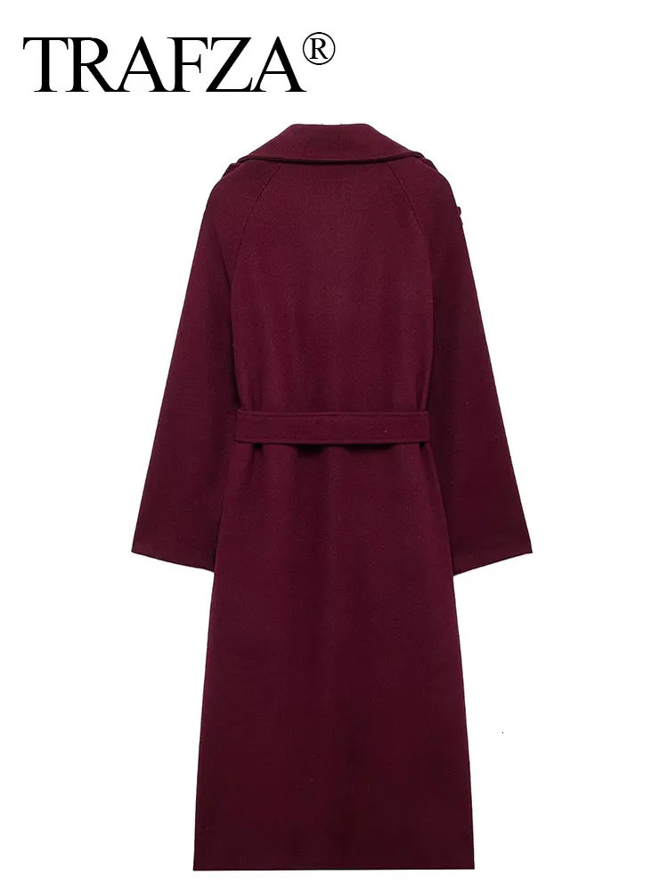TRAFZA Women Elegant Burgundy Oversize Lapel Coat Belt Wool Blend Double Breasted Long Sleeve Jacket 2024 Autumn Commute Outwear 241121