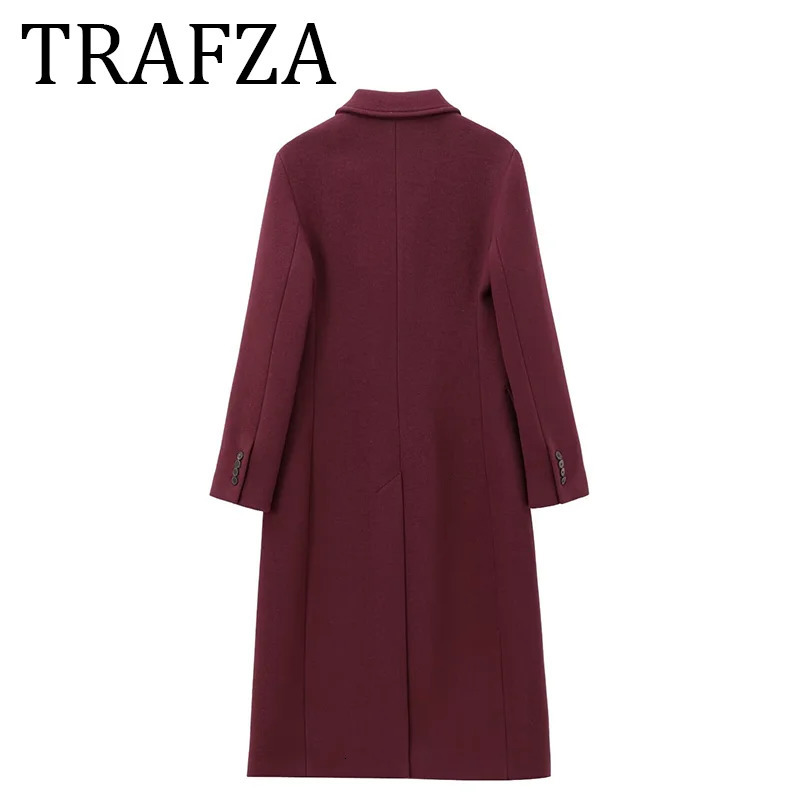 TRAFZA Woman Burgundy Winter Coat Womens Jacket 2024 Autumn Long Sleeve Woolen Chic Fashion Outerwears 241121