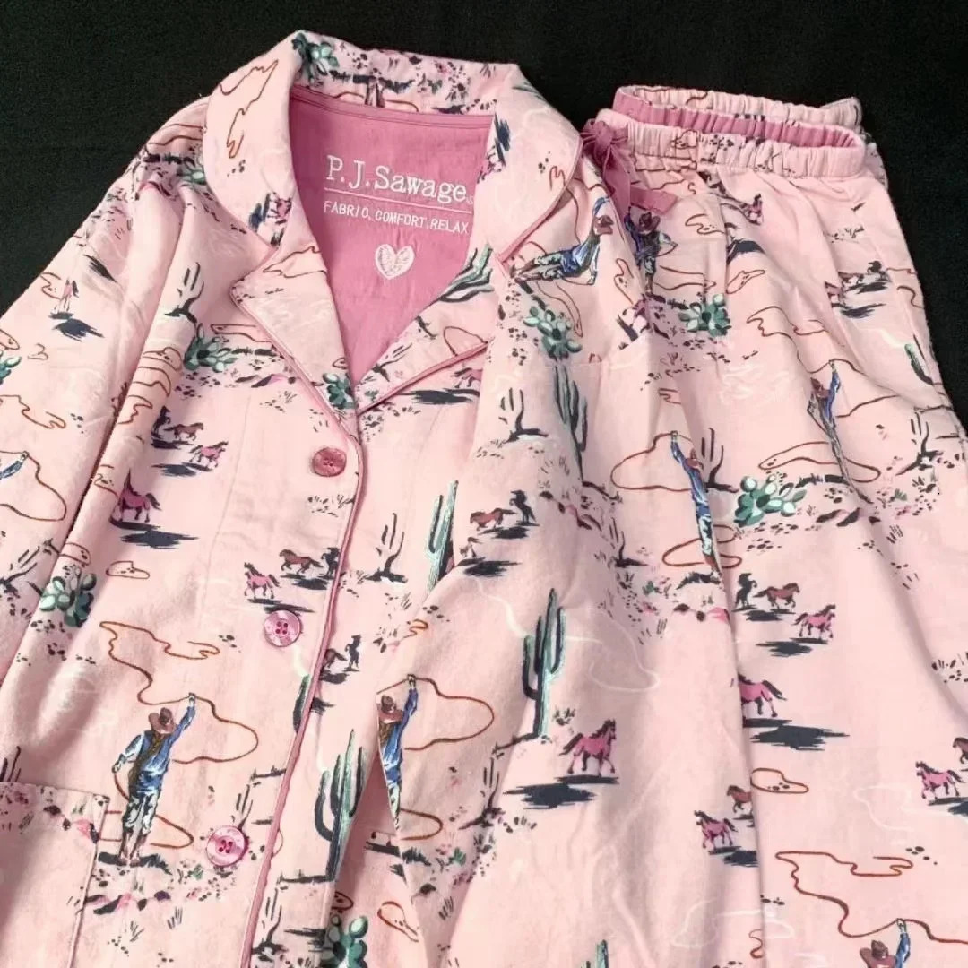 100% pure cotton womens sleepwear loose cartoon long sleeved pants casual wear womens 2-piece set Pj womens sleepwear set