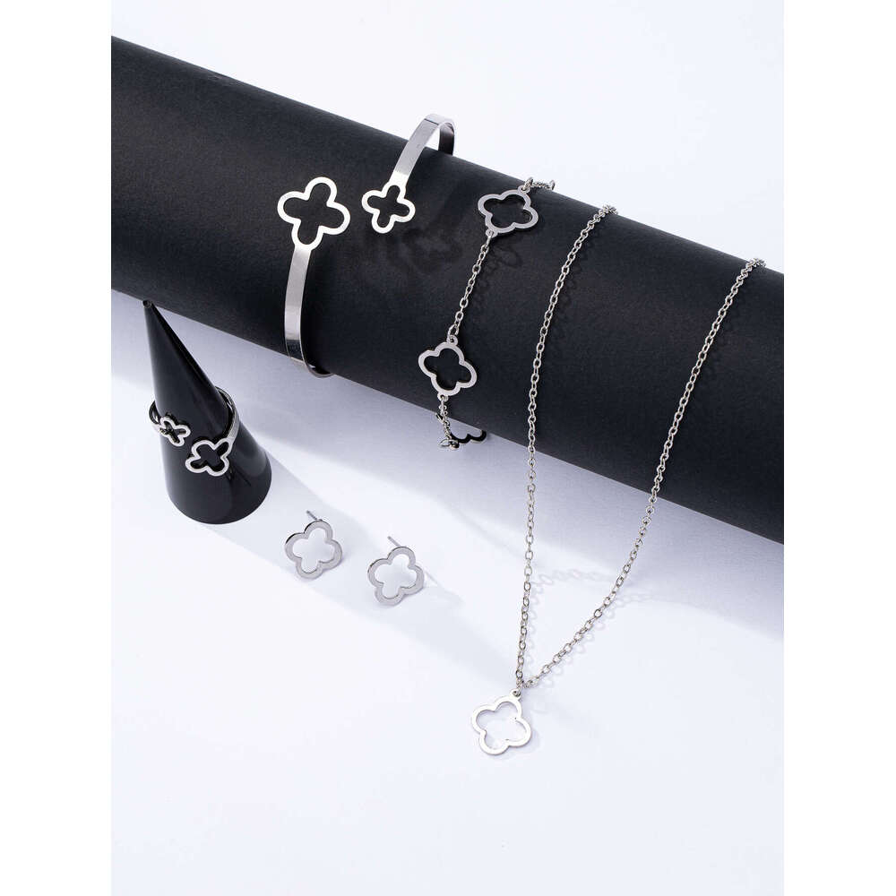 Fashion Lucky Clover Necklace Earrings - Chain Bracelet and Ring Set