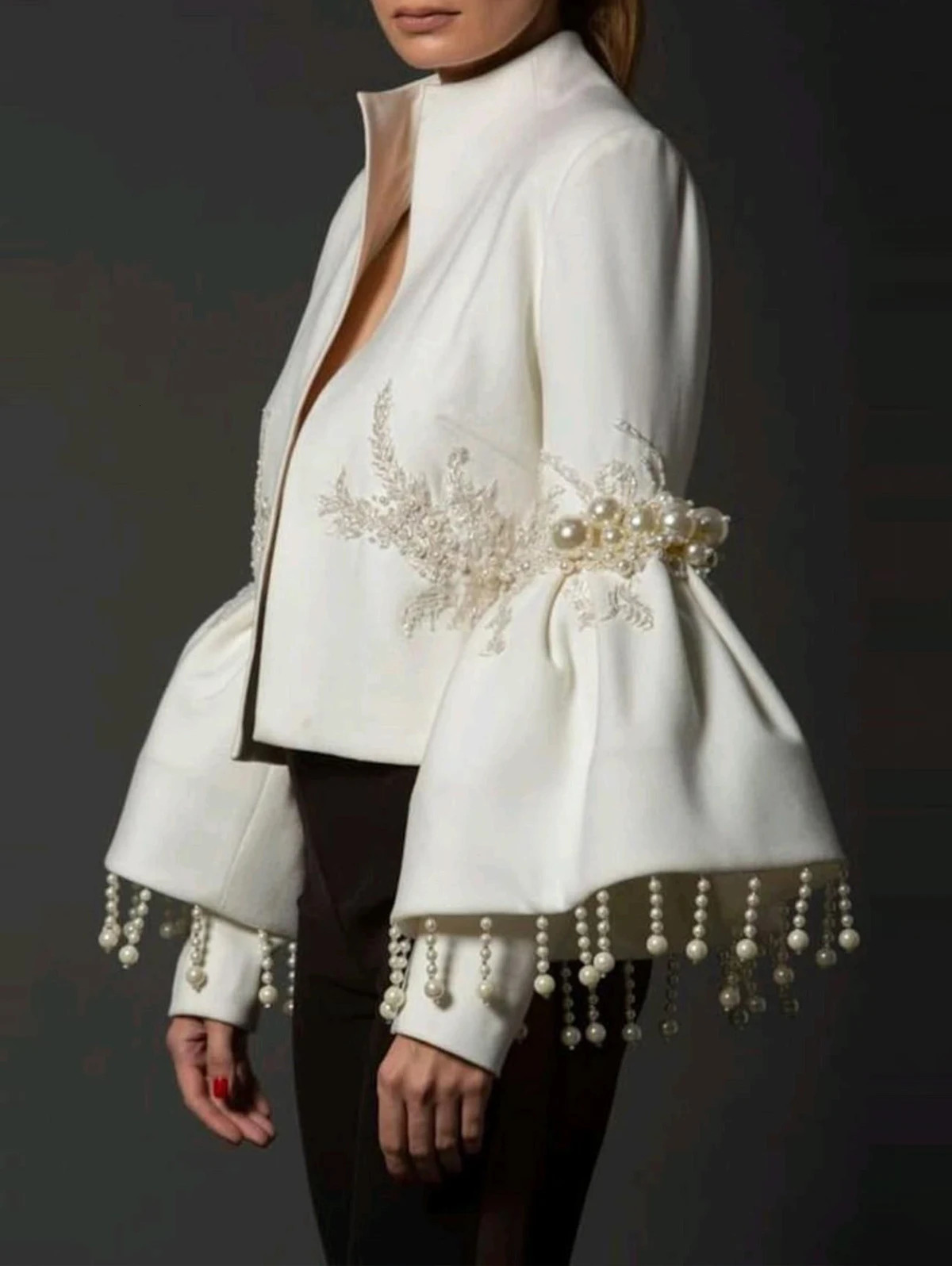 Vintage and elegant stand up collar jacket womens spring pearl trim decoration embroidered flange sleeves party coat evening gown 241202