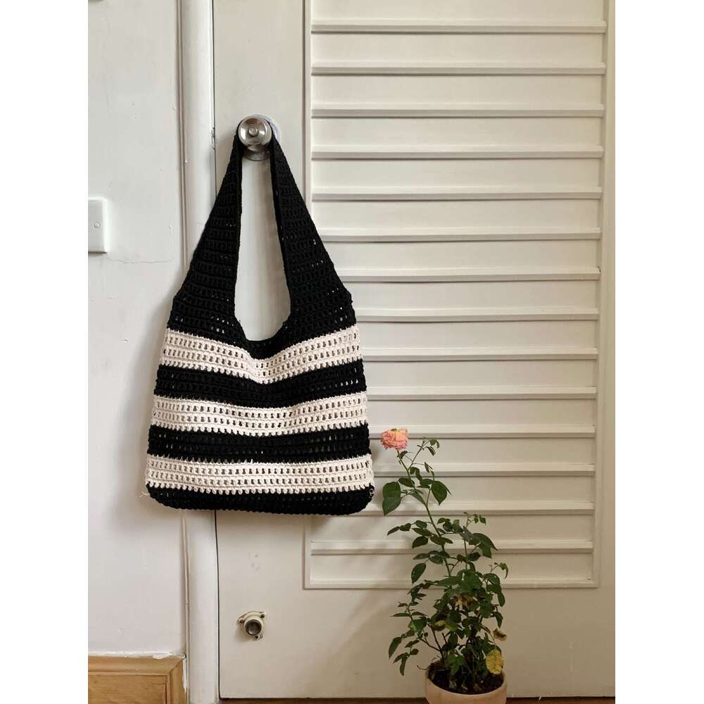 Ladies' Woven With Niche Design, Striped Knitted Bag, Simple Hollow Out Hand-Held Shoulder Bag B2