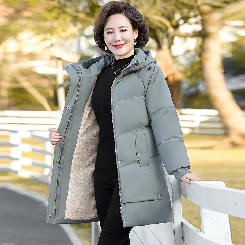 Winter Cotton padded Jacket Hooded solid color fleece thick Parkas Warm Loose Long Overcoat middle aged and Grandma Snow Coat 241120