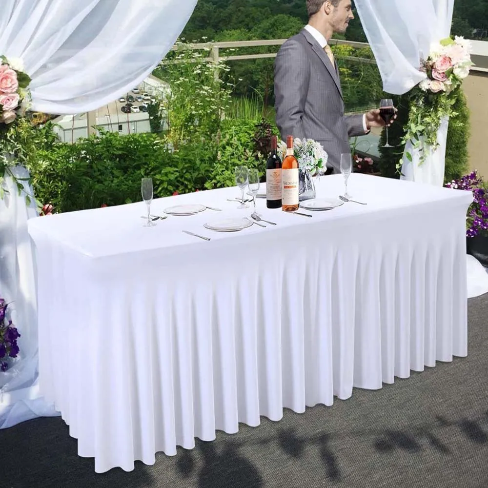 Rectangle/Round Stretch Skirt Hotel Outdoor Birthday Banquet Party Table Cover Black White Spandex Elastic Tablecloth 33
