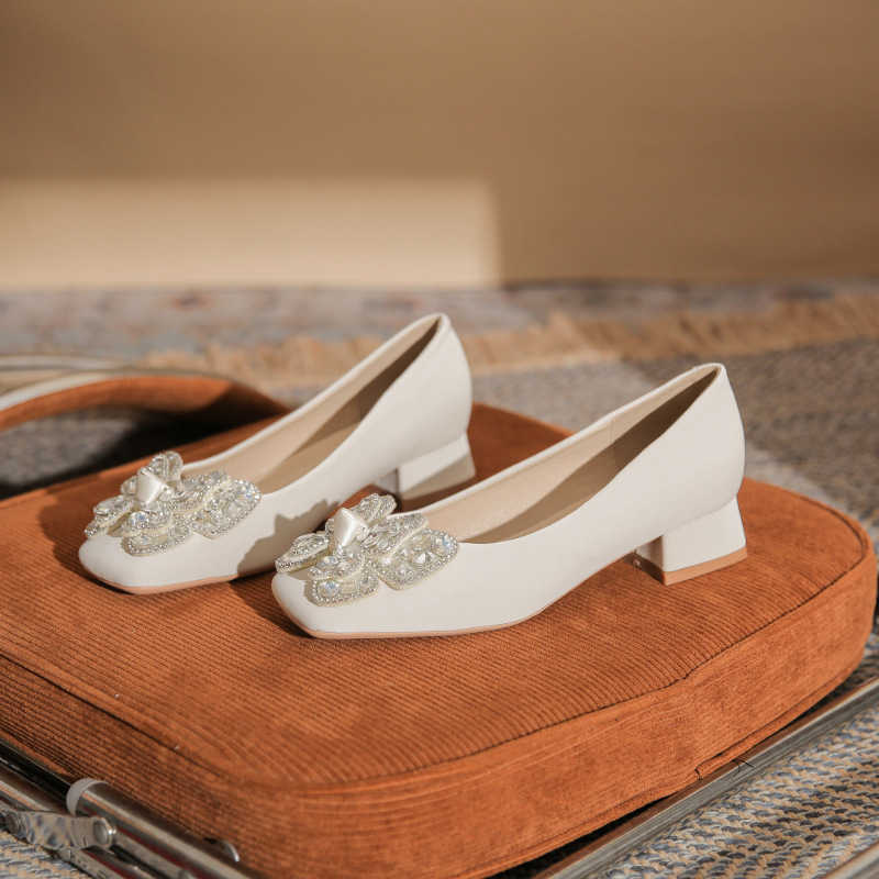 Fairy Bow Water Diamond Premium Comfortable and Versatile Square Head Thick Heel Womens Single Shoe