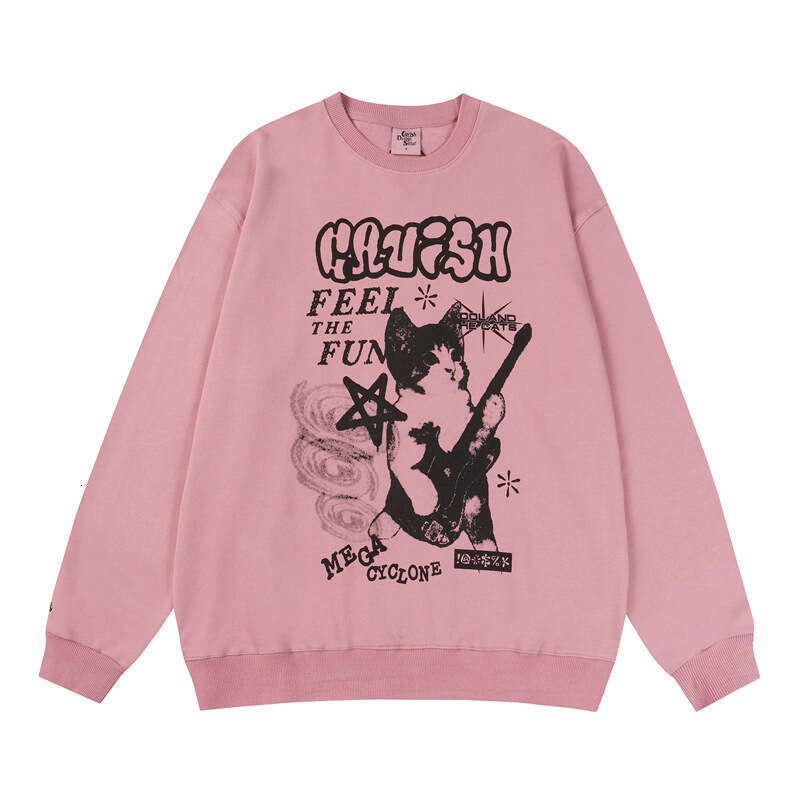 2024 Autumn/Winter Korean Sweet Cool Style Cat Guitar 3D Printed Men's and Women's Round Neck Casual Hoodie