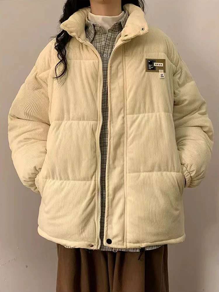 Retro Corduroy Parkas for Women Y2K Winter Streetwear Oversized Thick Warm Puffer Coats Bf Korean Loose Pockets Cotton Outerwear 241120