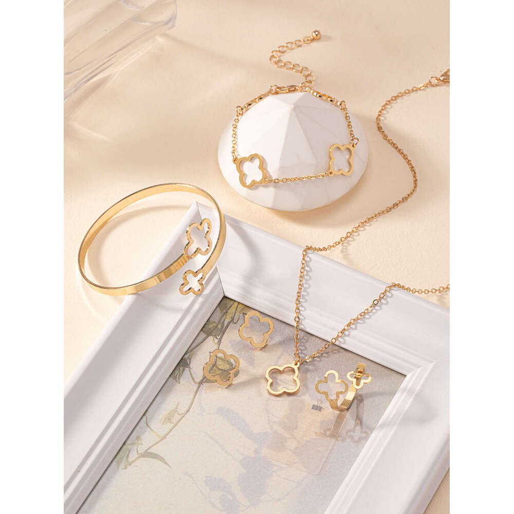 Fashion Lucky Clover Necklace Earrings - Chain Bracelet and Ring Set