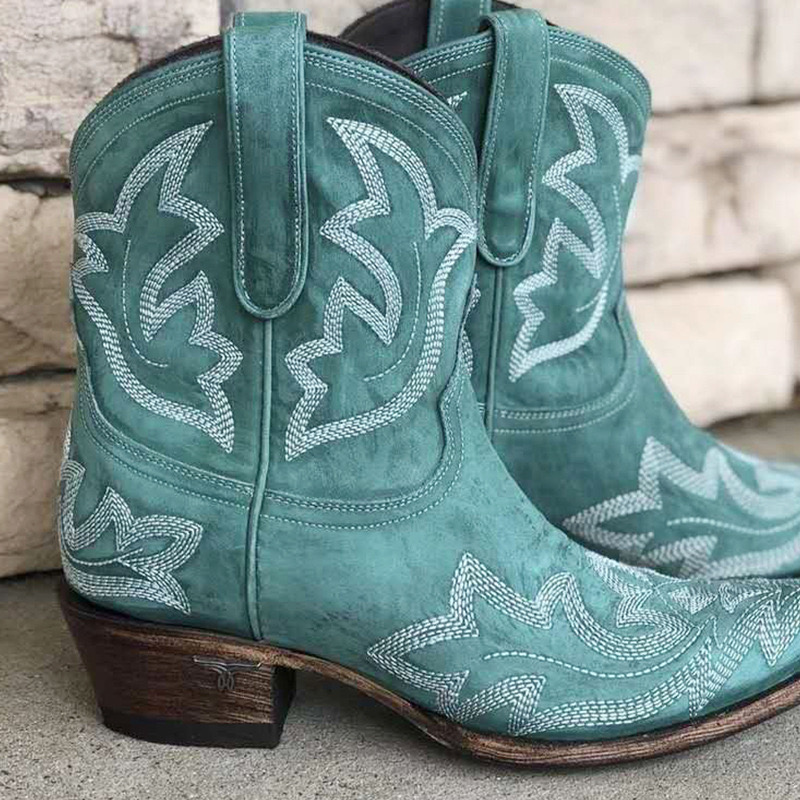 Boots Autumn Winter Casual Western Cowboy Ankle Women Leather Cowgirl Short Cossac Pointed Thick High Heel Shoes Large Size 43 220914