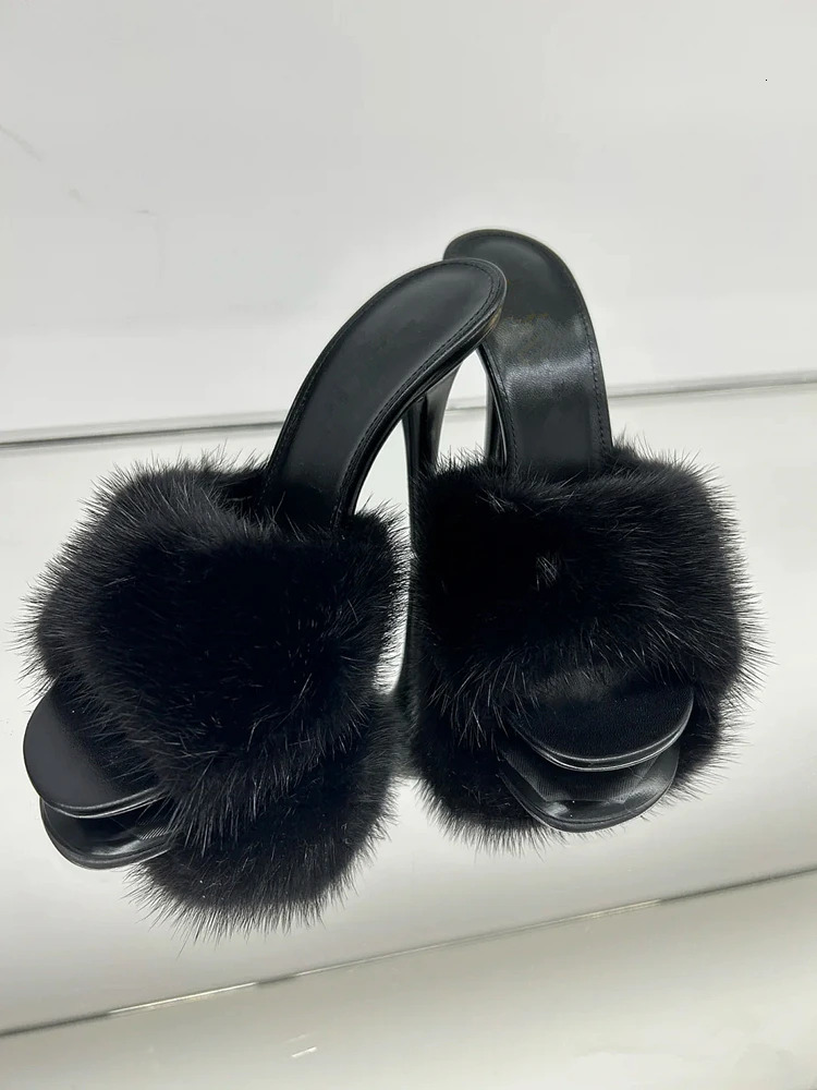 Mink Fur High Heels Women, Slim Heels, Summer New Style, Open Toe Slippers, Sexy Fish Mouth Leather Party Sandals For Women