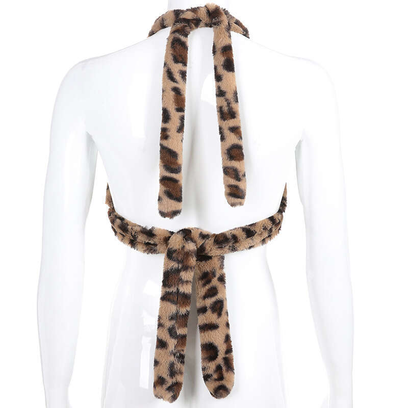 European and American fashion leopard print plush vest ins super hot short backless sexy top winter hanging neck suspender trend 2024 new style chic e