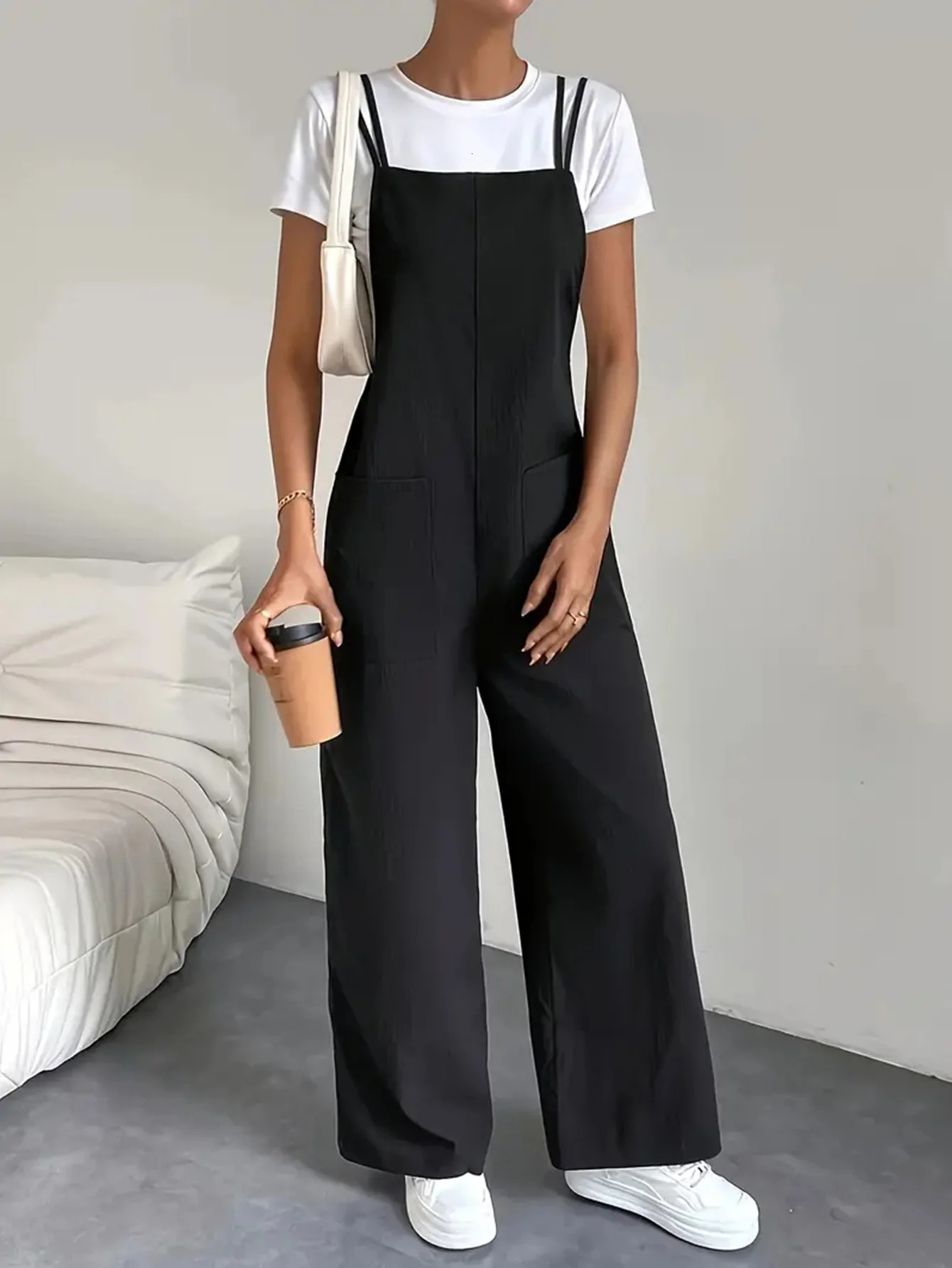 Fashion casual womens pure black jumpsuit pants with pockets shoulder straps thin straight leg workwear wide 241120