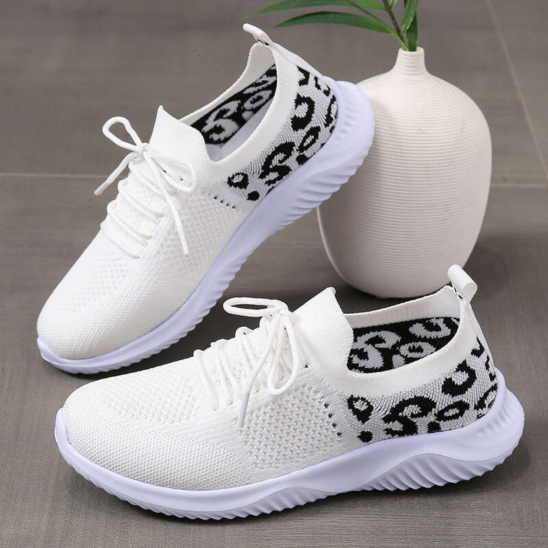 Women's casual sports fly woven leopard print breathable lace up running shoes, women's shoe size