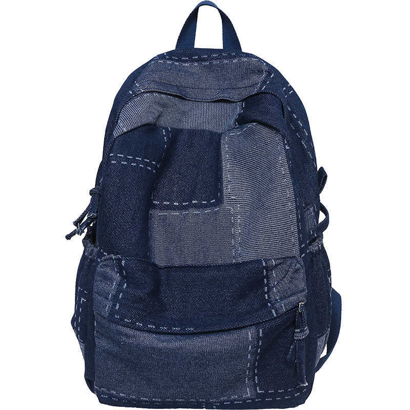 Washed and spliced denim backpack, trendy and versatile for both men and women, lightweight student backpack, travel backpack 241202
