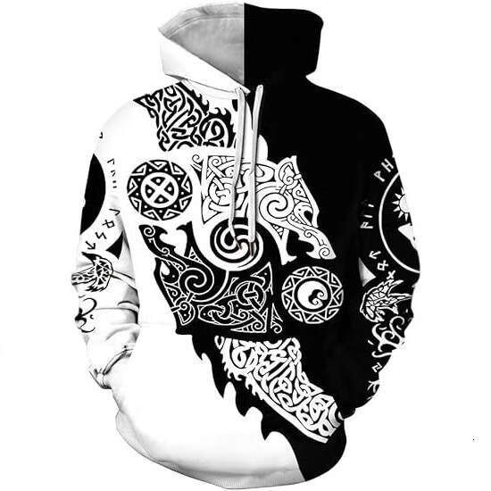 Autumn Winter Men's Viking Totem 3D Printed Long Sleeve Hoodie European and American Hip Hop Trendy Guard