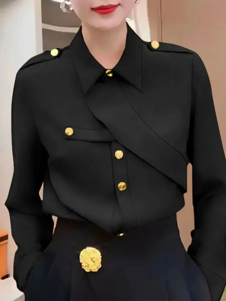 Freeacy Womens Formal Shirt Tops Solid Color Lapel Collar Long Sleeve Buttoned T-shirt Asymmetric Loose Fit Blouse 241202
