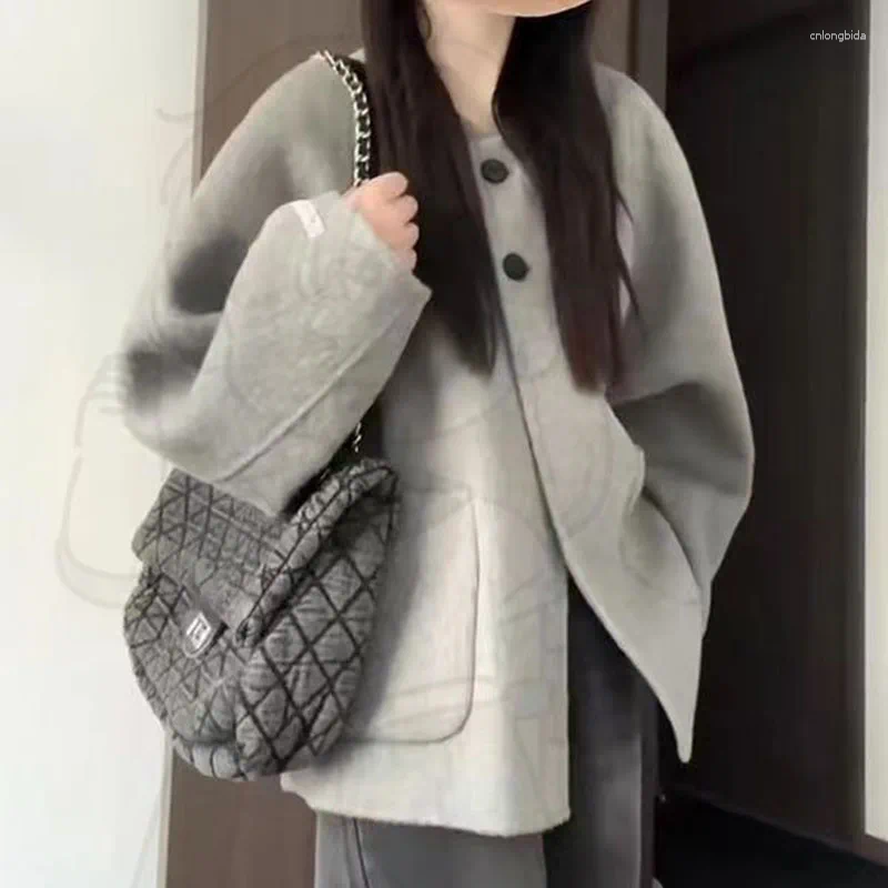 Womens Jackets Hdspq Grey Single Breasted Outerwear Women Autumn Winter Warm Loose Jacket Woman Long Sleeve All-Match Big Pocket Clothing