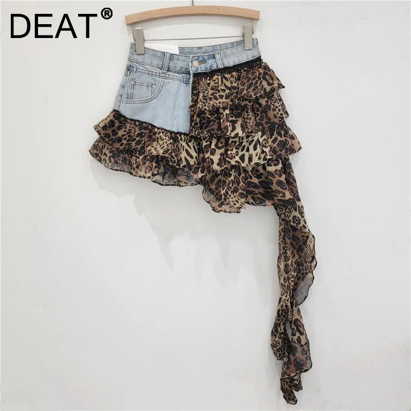 DEAT denim patchwork womens irregular sprint 2024 summer chiffon mini sprint womens trend 33A1587 241202